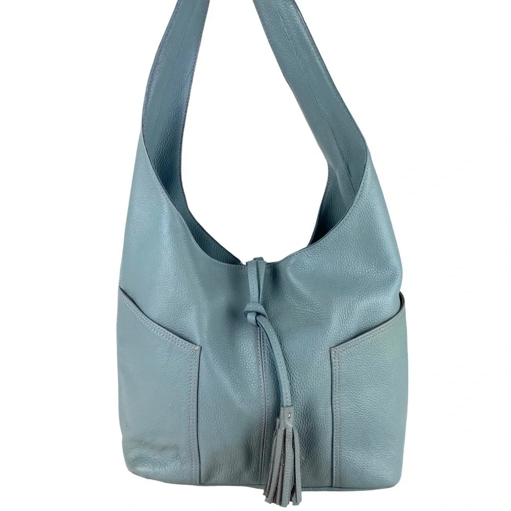 LAGGO Havana Hobo Shoulder Bag Blue Pebbled Leather Fringe Nice Large Size